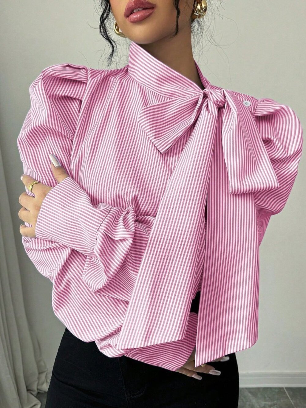 Pink Elegant Striped Long Sleeve Women's Shirt with Bowknot Gigot Detail